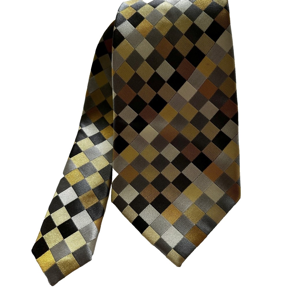 Bugatti Men's‎ Necktie 100% Silk Geometric Checkered Pattern Gray Gold